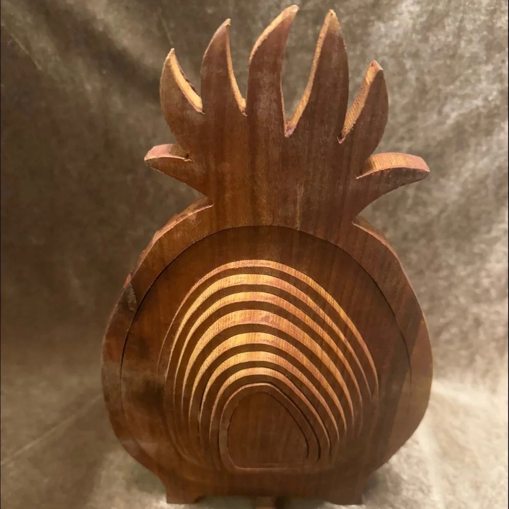 Vintage Collapisble Wood Pineapple Shaped Basket Trivet Centerpiece